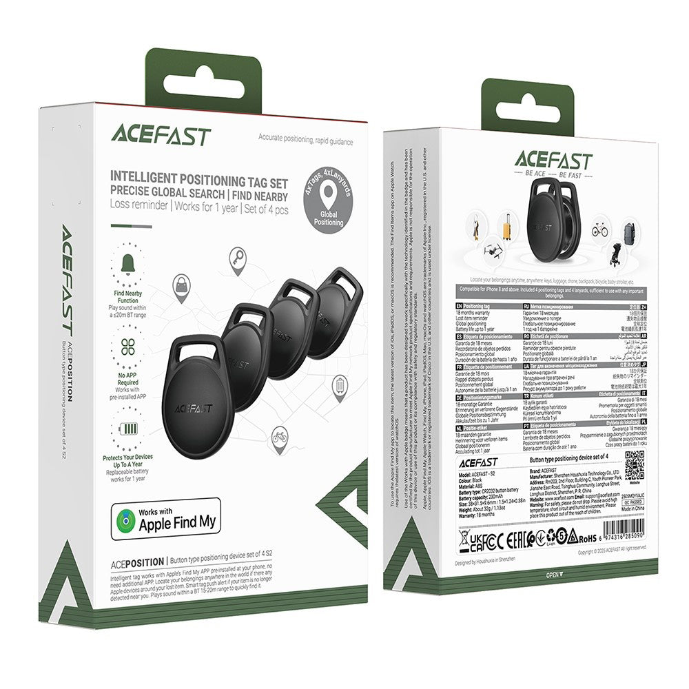 Acefast SmartTag S2 para Series iOS, Set de 4 piezas, Negro
