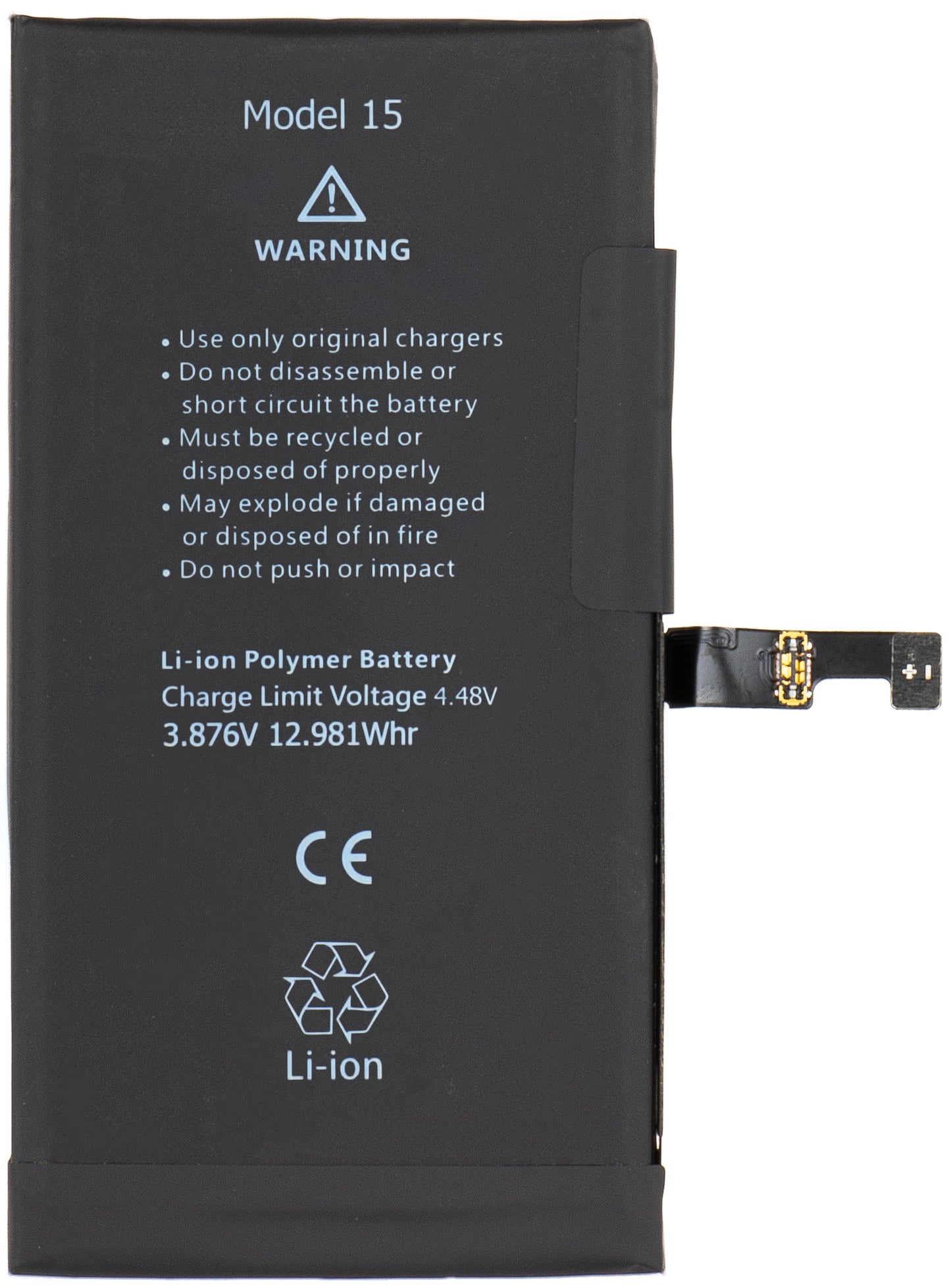 Apple iPhone 15 Battery, with Flex BMS Integration (no soldering contacts required)