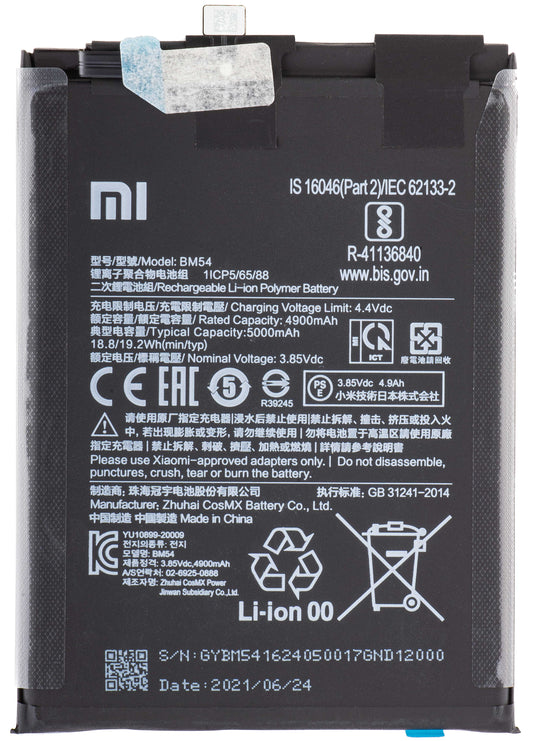 Batería Xiaomi Redmi Note 9T 5G, BM54, Service Pack 46020000491Y