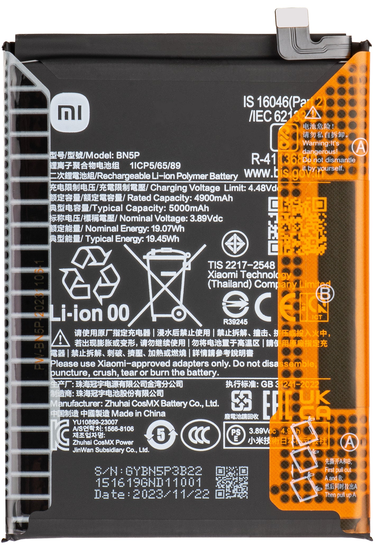 Batería Xiaomi Redmi Note 13 5G, BN5P, Service Pack 133010200010116B