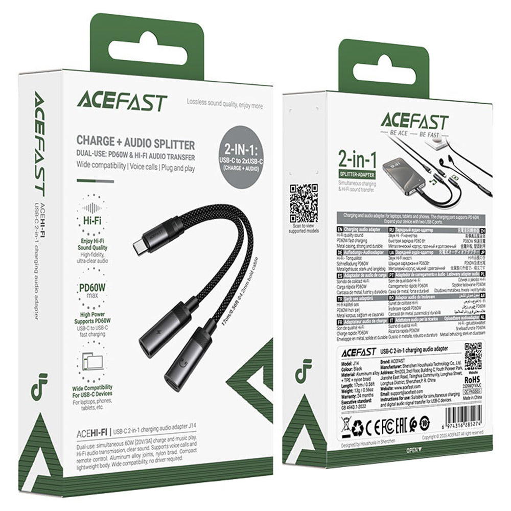 Adaptador de Audio USB-C - 2 x USB-C Acefast J14, Negro
