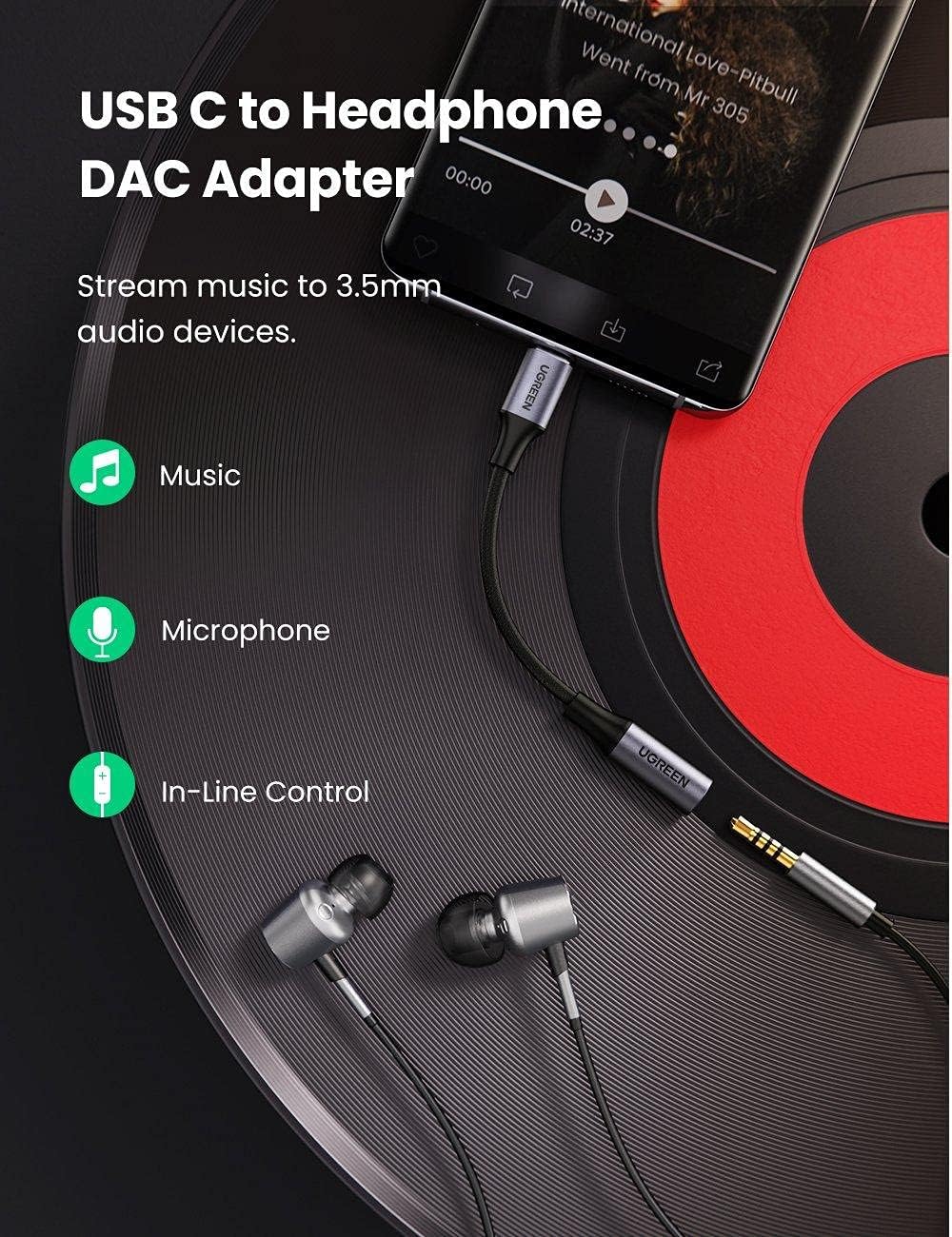 Adaptador de Audio USB-C - 3.5mm UGREEN AV161, Gris