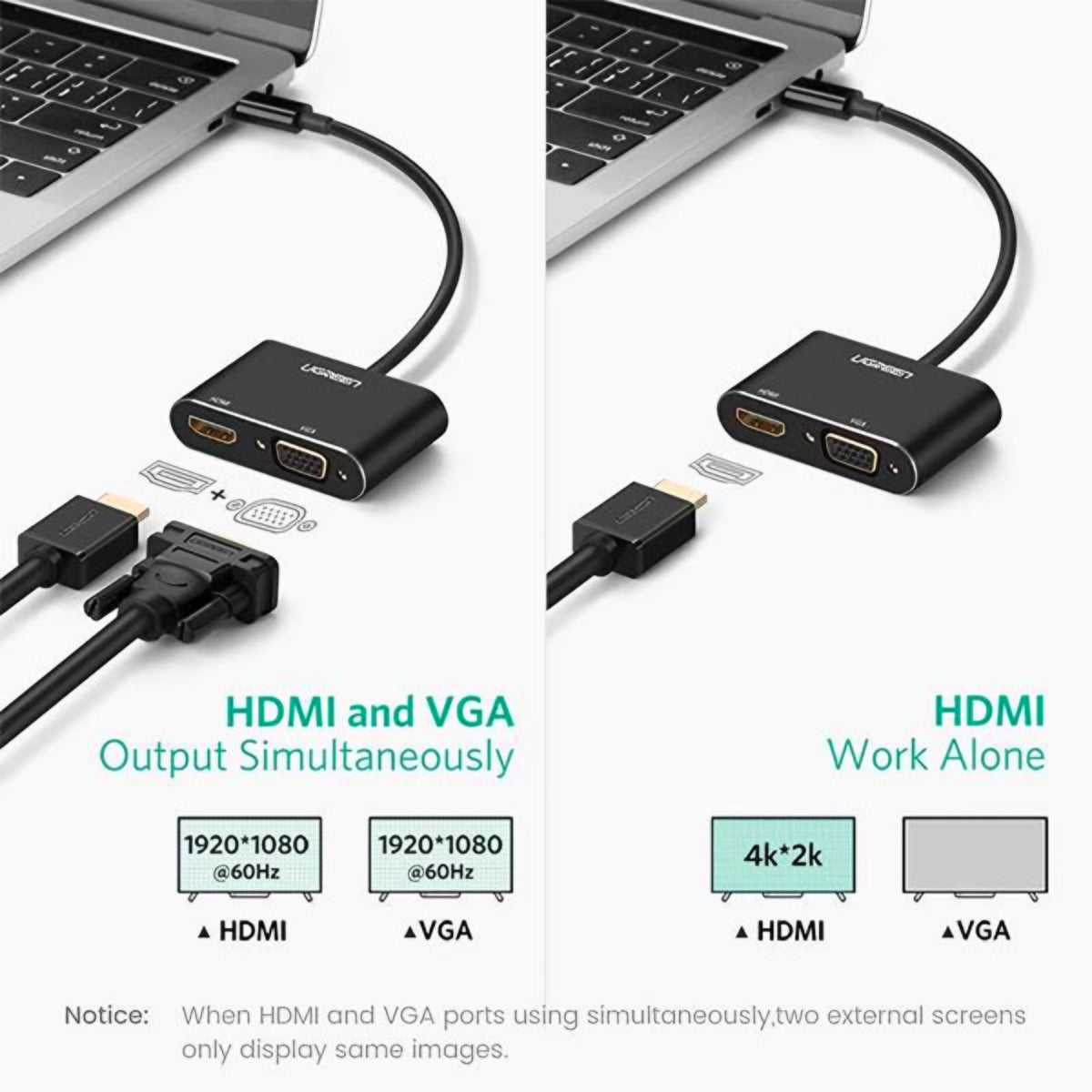 Adaptador de Video UGREEN CM449, USB-A - HDMI / VGA, 1080P, Gris