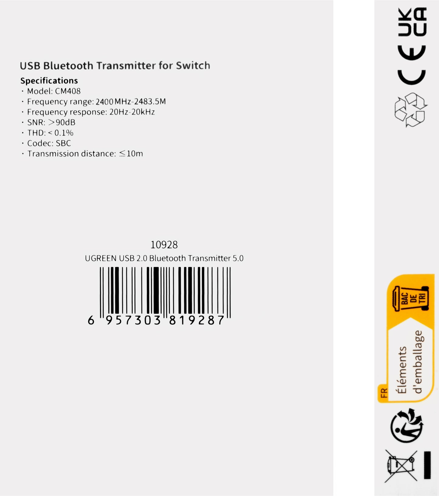 Adaptador USB Bluetooth UGREEN CM408, Negro