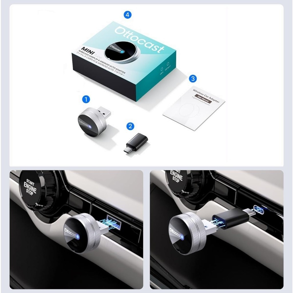Adaptador Carplay / Android Auto Wireless Ottocast Mini Slim Tube para Apple iPhone / Android Series CP88-T4