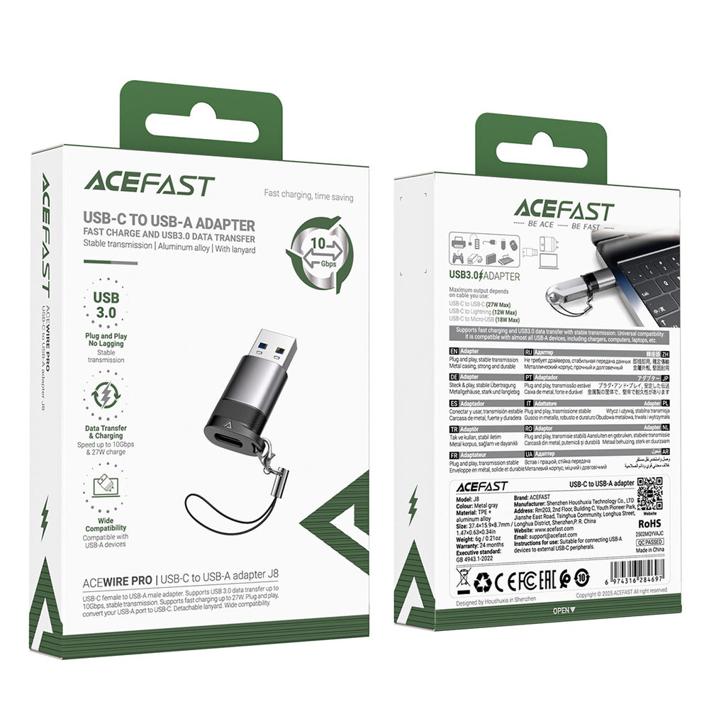 Adaptador de Datos y Carga USB-C - USB-A Acefast J8, Gris