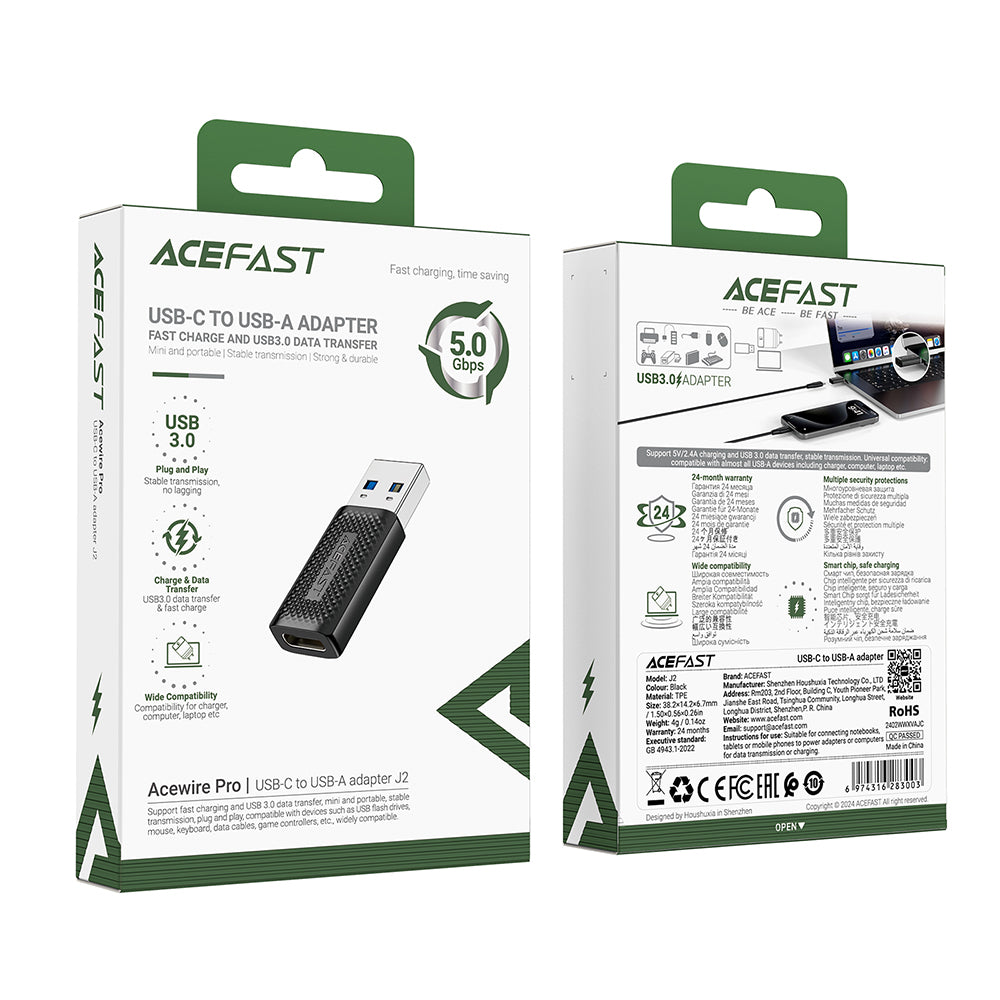 Adaptador de Datos y Carga USB-C - USB-A Acefast J2, Negro