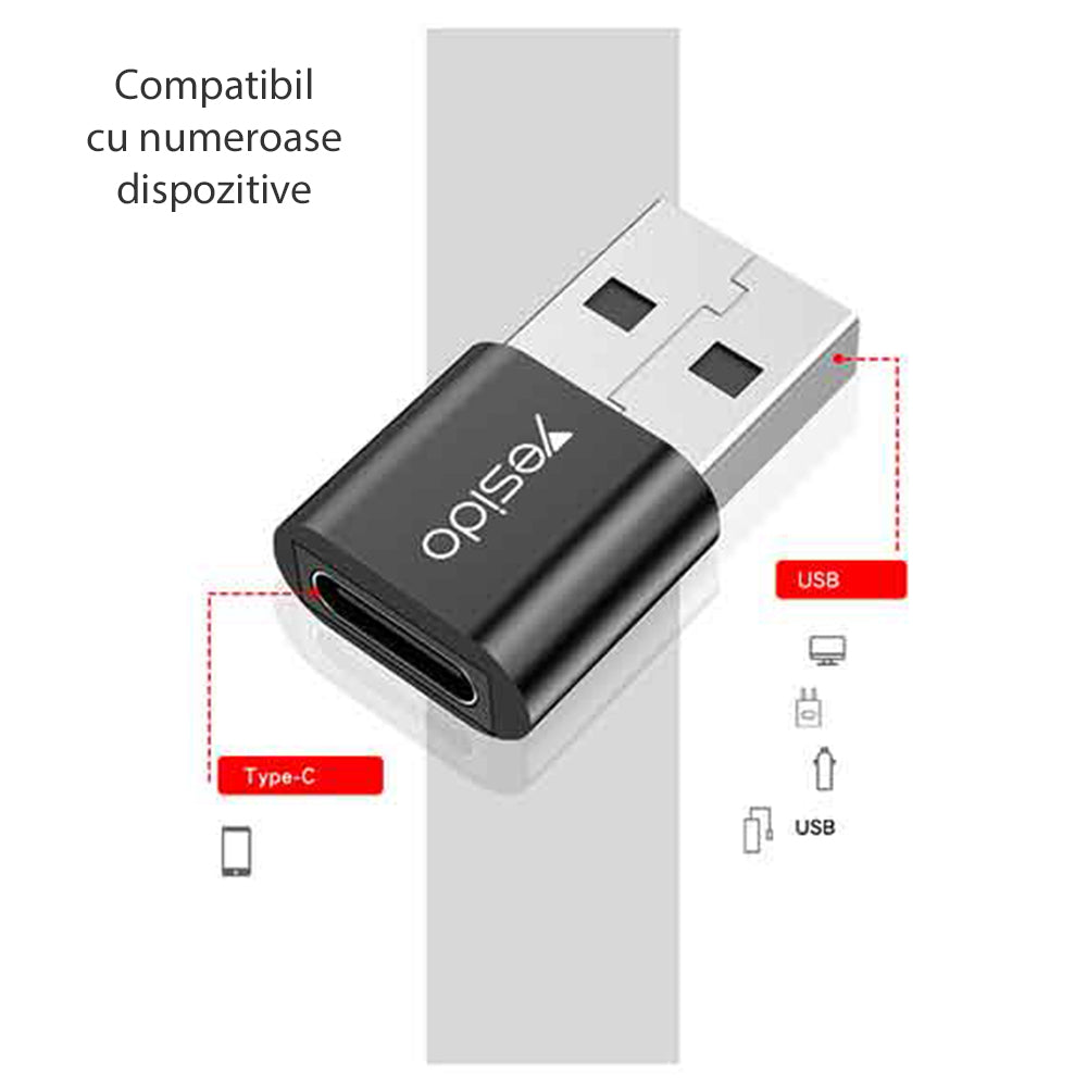 Adaptador de Datos y Carga USB-C - USB-A Yesido GS09, Negro