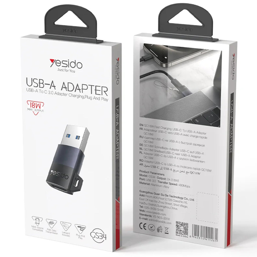 Adaptador de Datos y Carga USB-C - USB-A Yesido GS34, Gris