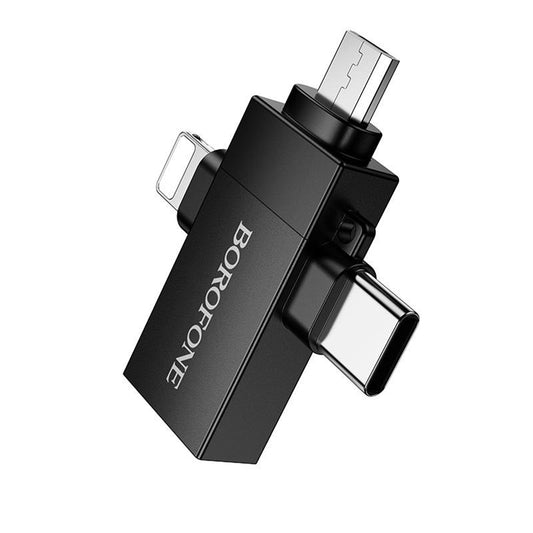 Adaptador OTG Lightning / microUSB / USB-C - USB-A Borofone BV26D, Negro