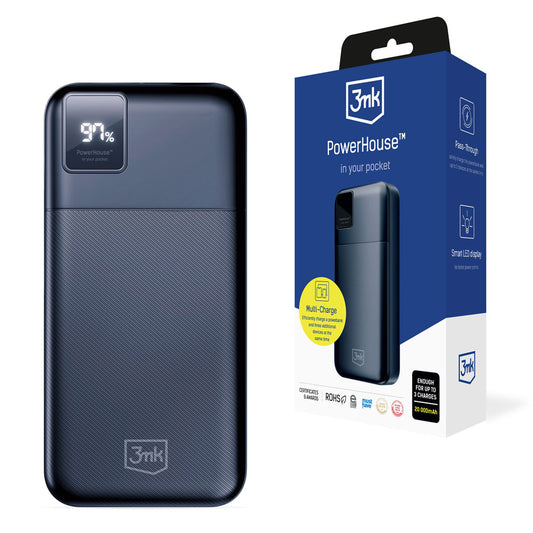 3MK PowerHouse Batería externa, 20000mAh, 22.5W, QC + PD, 1 x USB-A - 1 x USB-C, Negro