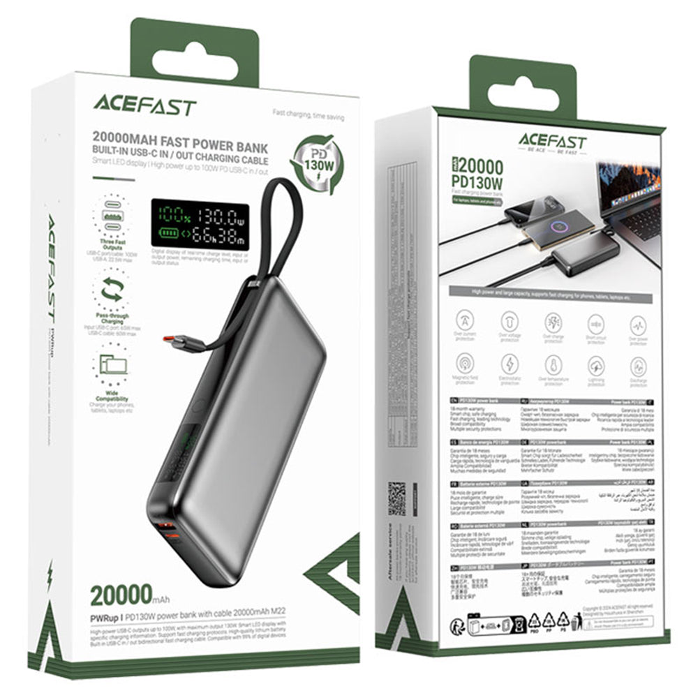 Batería Externa Acefast M22, 20000mAh, 130W, QC + PD, 1 x USB-A - 2 x USB-C, Negra