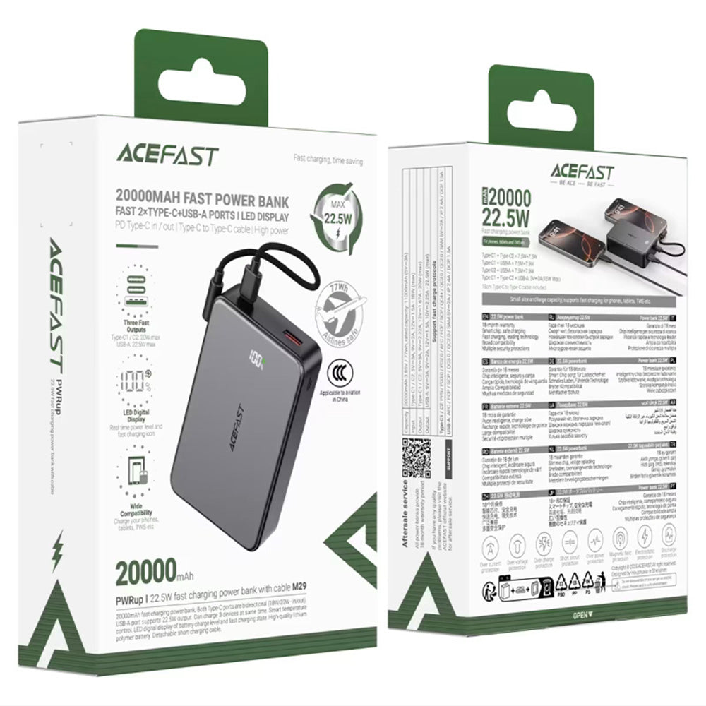 Batería Externa Acefast M29, 20000mAh, 22.5W, QC + PD, 1 x USB-A - 2 x USB-C, Negra