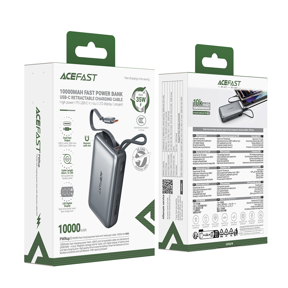 Batería Externa Acefast M32, 10000mAh, 35W, PD, 2 x USB-C, Gris