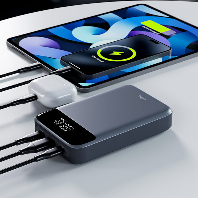 Batería Externa Allity. APB-200 PocketPower, 19200mAh, 130W, QC + PD, 1 x USB-A - 2 x USB-C, Gris