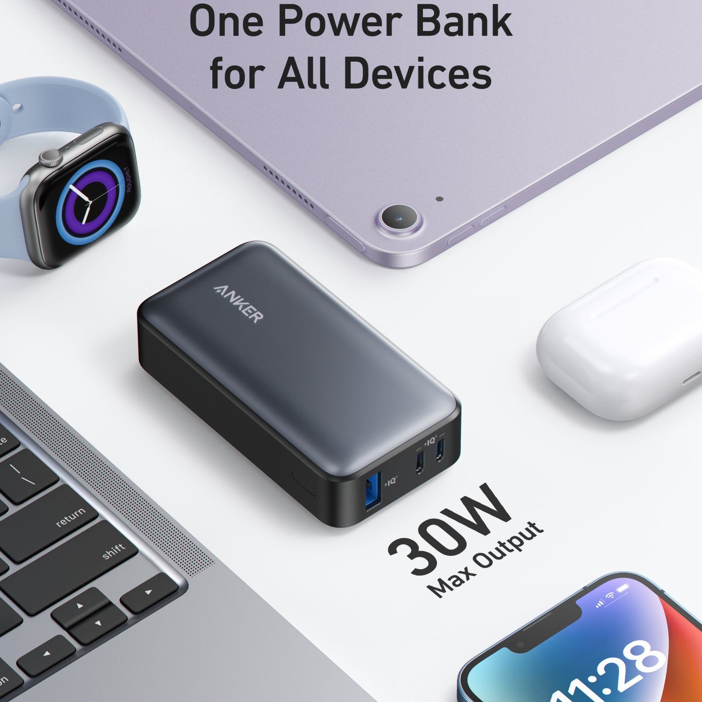 Batería Externa Anker 533, 10000mAh, 30W, QC + PD, 1 x USB-A - 2 x USB-C, Negra A1256G11