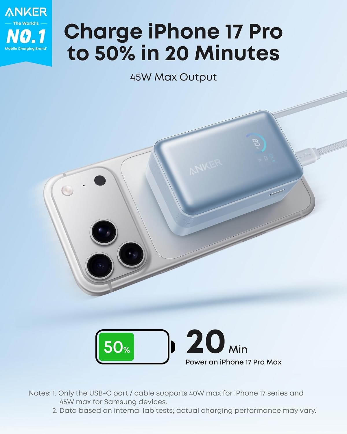 Batería Externa Anker Nano, 10000mAh, 45W, QC + PD, 1 x USB-A - 2 x USB-C, Azul