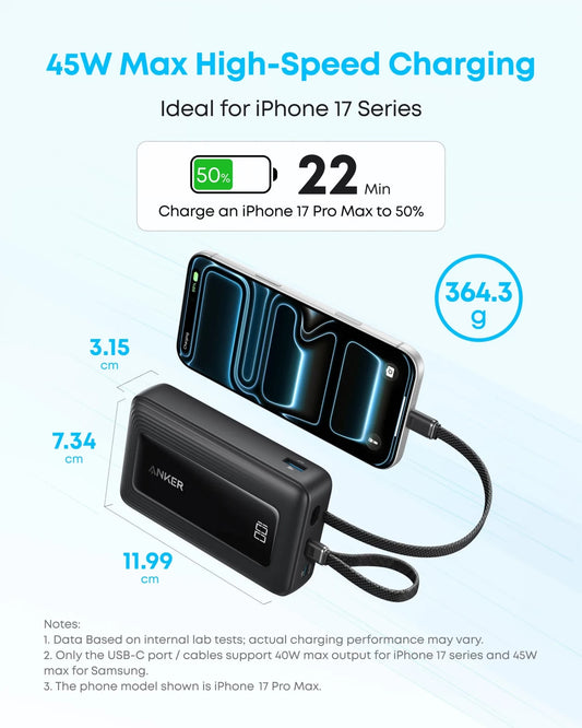 Batería externa Anker Zolo, 20000 mAh, 45 W, QC + PD, 1 x USB-A - 3 x USB-C, negra A110MH12