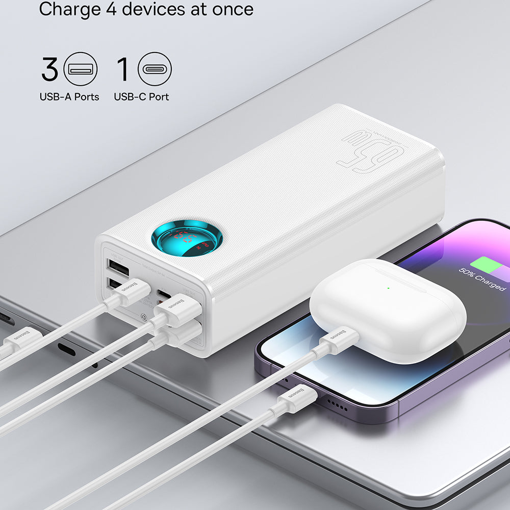Batería Externa Baseus Amblight Digital Display, 26800mAh, 65W, QC + PD, 1 x USB-C - 4 x USB-A, Blanca P10022402223-00