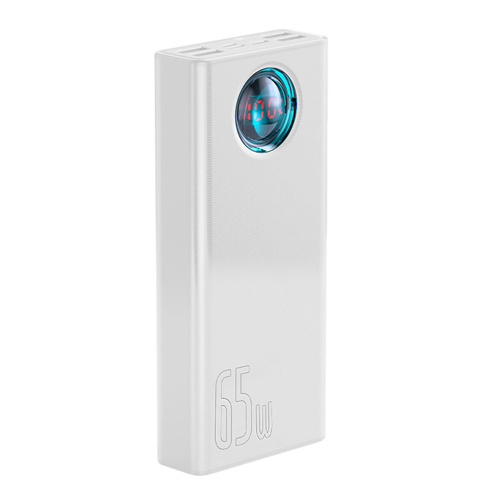 Batería Externa Baseus Amblight Digital Display, 30000mAh, 65W, QC + PD, 1 x USB-C - 4 x USB-A, Blanca PPLG000102
