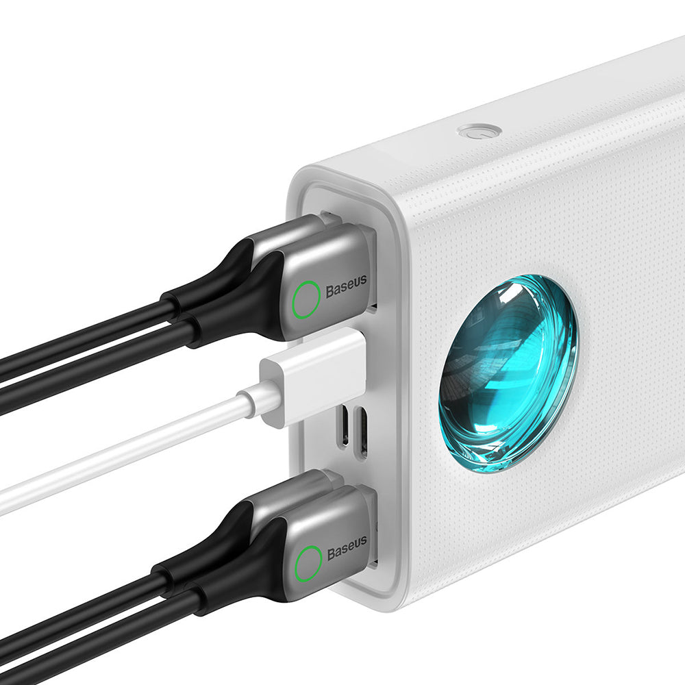 Batería Externa Baseus Amblight Digital Display, 30000mAh, 65W, QC + PD, 1 x USB-C - 4 x USB-A, Blanca PPLG000102