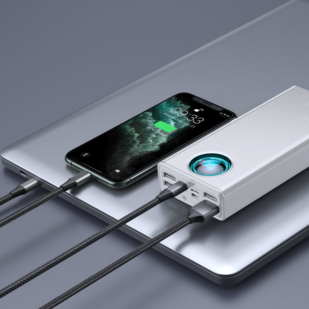 Batería Externa Baseus Amblight Digital Display, 30000mAh, 65W, QC + PD, 1 x USB-C - 4 x USB-A, Blanca PPLG000102