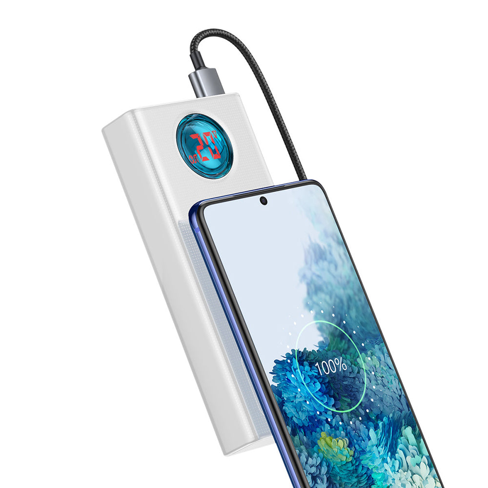 Batería Externa Baseus Amblight Digital Display, 30000mAh, 65W, QC + PD, 1 x USB-C - 4 x USB-A, Blanca PPLG000102