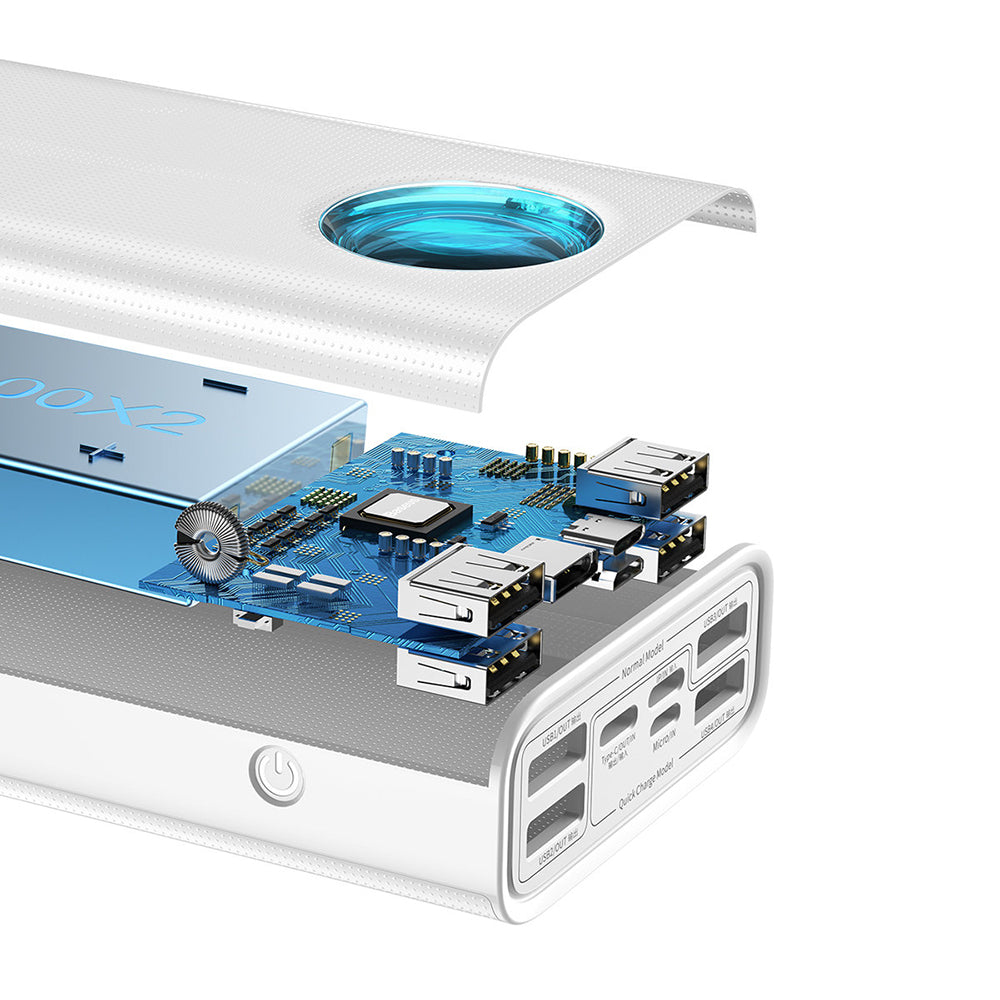 Batería Externa Baseus Amblight Digital Display, 30000mAh, 65W, QC + PD, 1 x USB-C - 4 x USB-A, Blanca PPLG000102