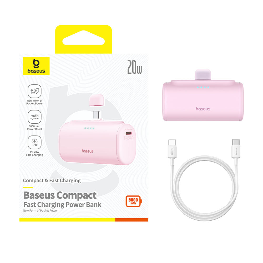 Batería Externa Baseus Compact, 5000mAh, 20W, PD, 2 x USB-C, Rosa P10068306413-00