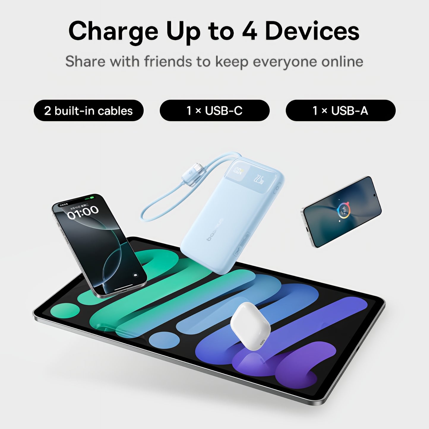 Batería Externa Baseus EnerFill FC11, 20000mAh, 22.5W, QC + PD, 1 x Lightning - 1 x USB-A - 2 x USB-C, Azul E0027S06