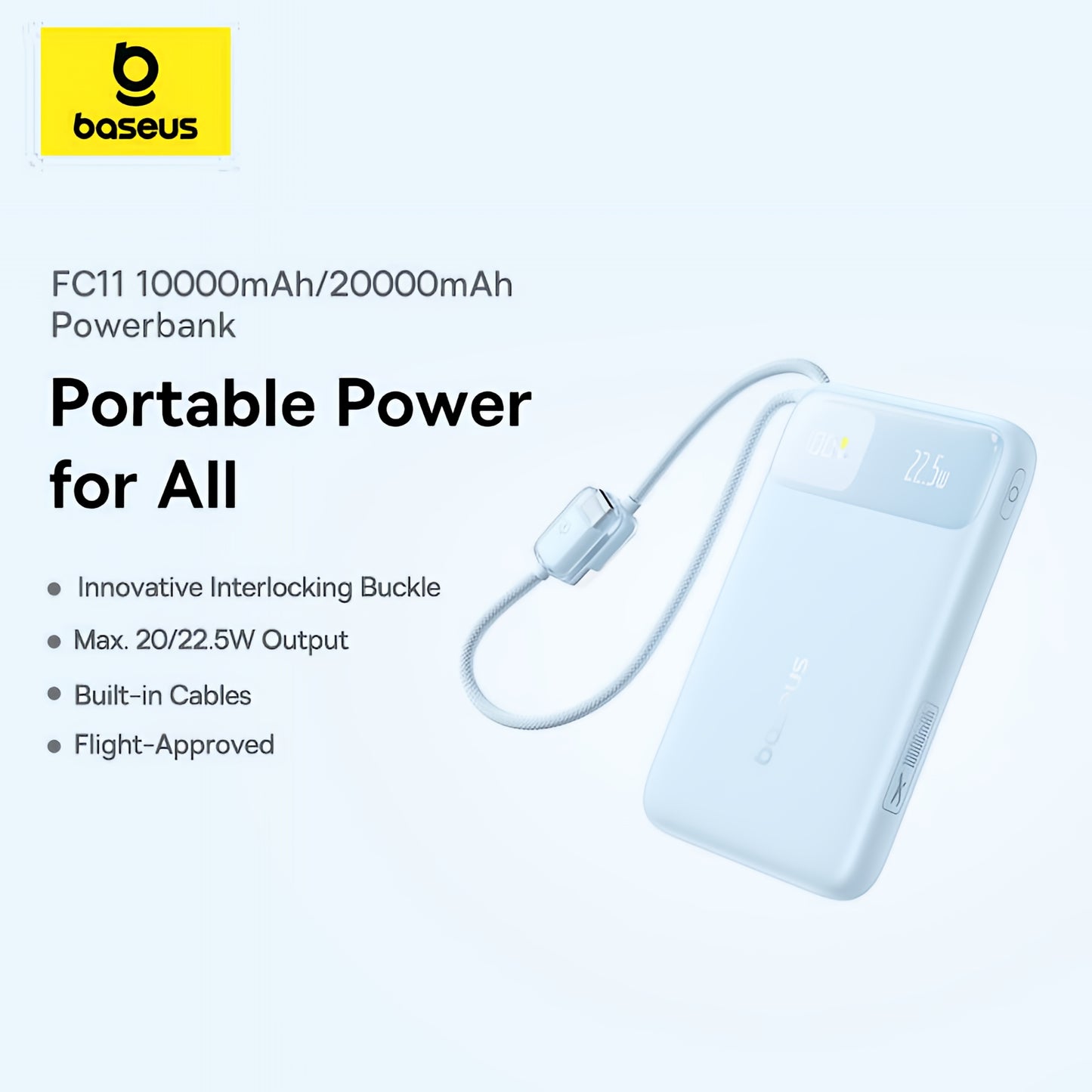 Batería Externa Baseus EnerFill FC11, 20000mAh, 22.5W, QC + PD, 1 x Lightning - 1 x USB-A - 2 x USB-C, Azul E0027S06