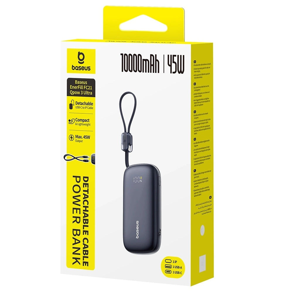 Batería Externa Baseus EnerFill FC21 Qpow 3 Ultra, 10000mAh, 45W, QC + PD, 1 x USB-A - 1 x USB-C, Negra E0027Q00