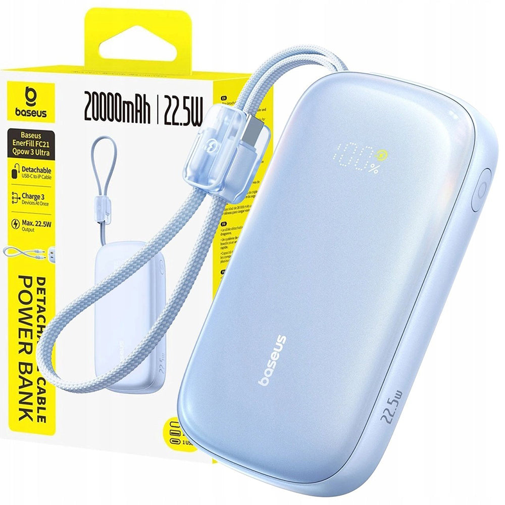 Batería Externa Baseus EnerFill FC21 Qpow 3 Ultra, 20000mAh, 22.5W, QC + PD, 1 x USB-A - 1 x USB-C, Azul E0027M03
