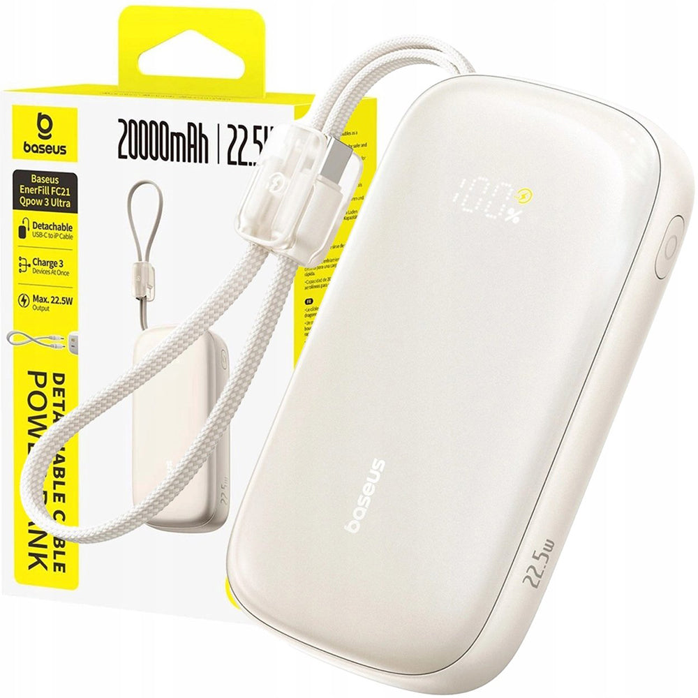 Batería Externa Baseus EnerFill FC21 Qpow 3 Ultra, 20000mAh, 45W, QC + PD, 1 x USB-A - 1 x USB-C, Beige E0027P01