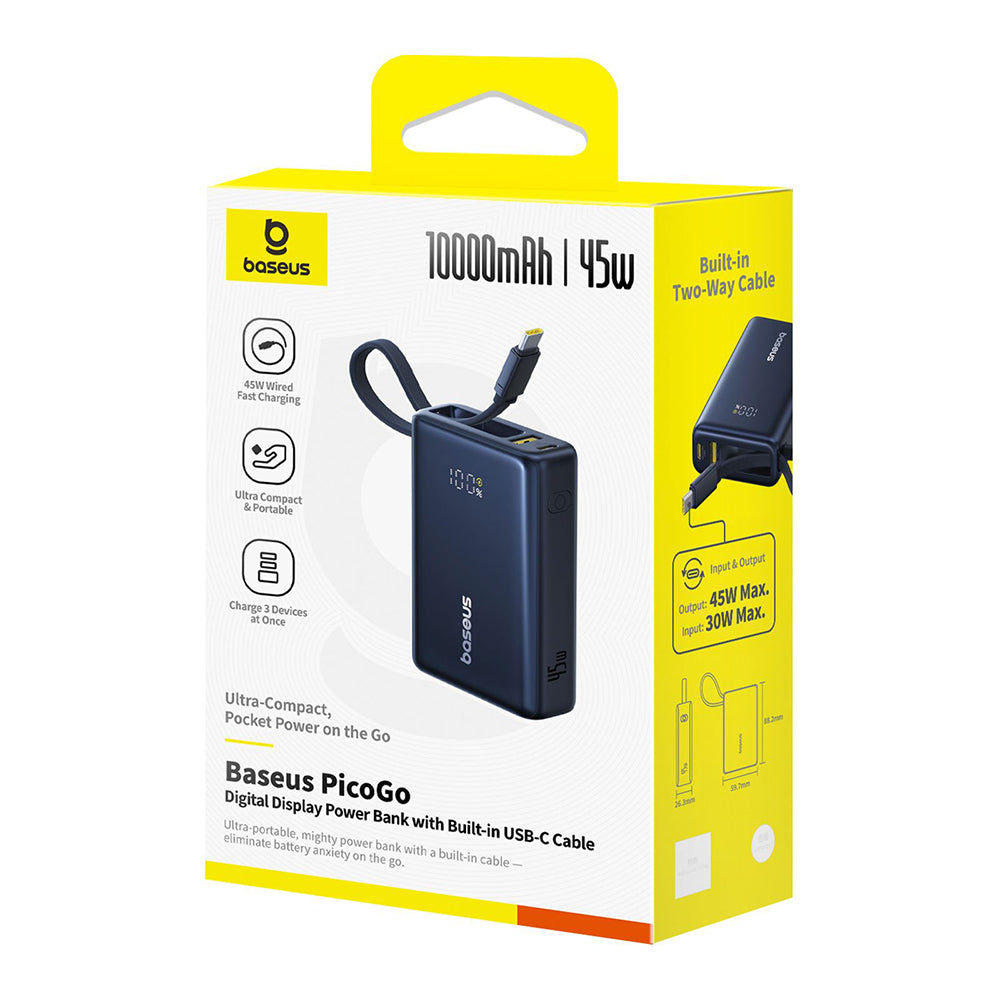 Batería Externa Baseus PicoGo, 10000mAh, 45W, QC + PD, 1 x USB-A - 2 x USB-C, Negra P10076803123-00