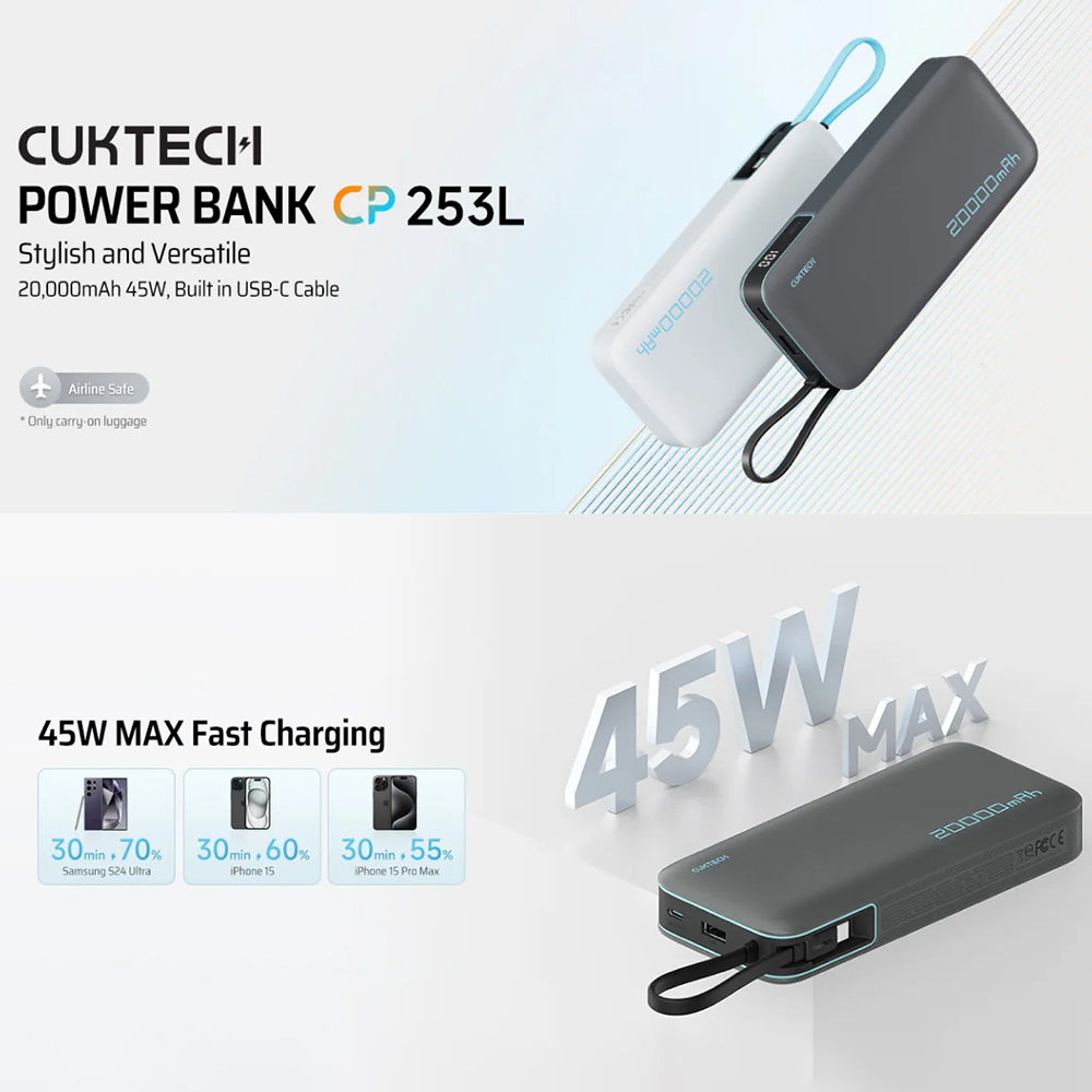Batería Externa Cuktech LPB200N, 20000mAh, 45W, QC + PD, 1 x USB-A - 2 x USB-C, Blanca CUKP200NGLLG