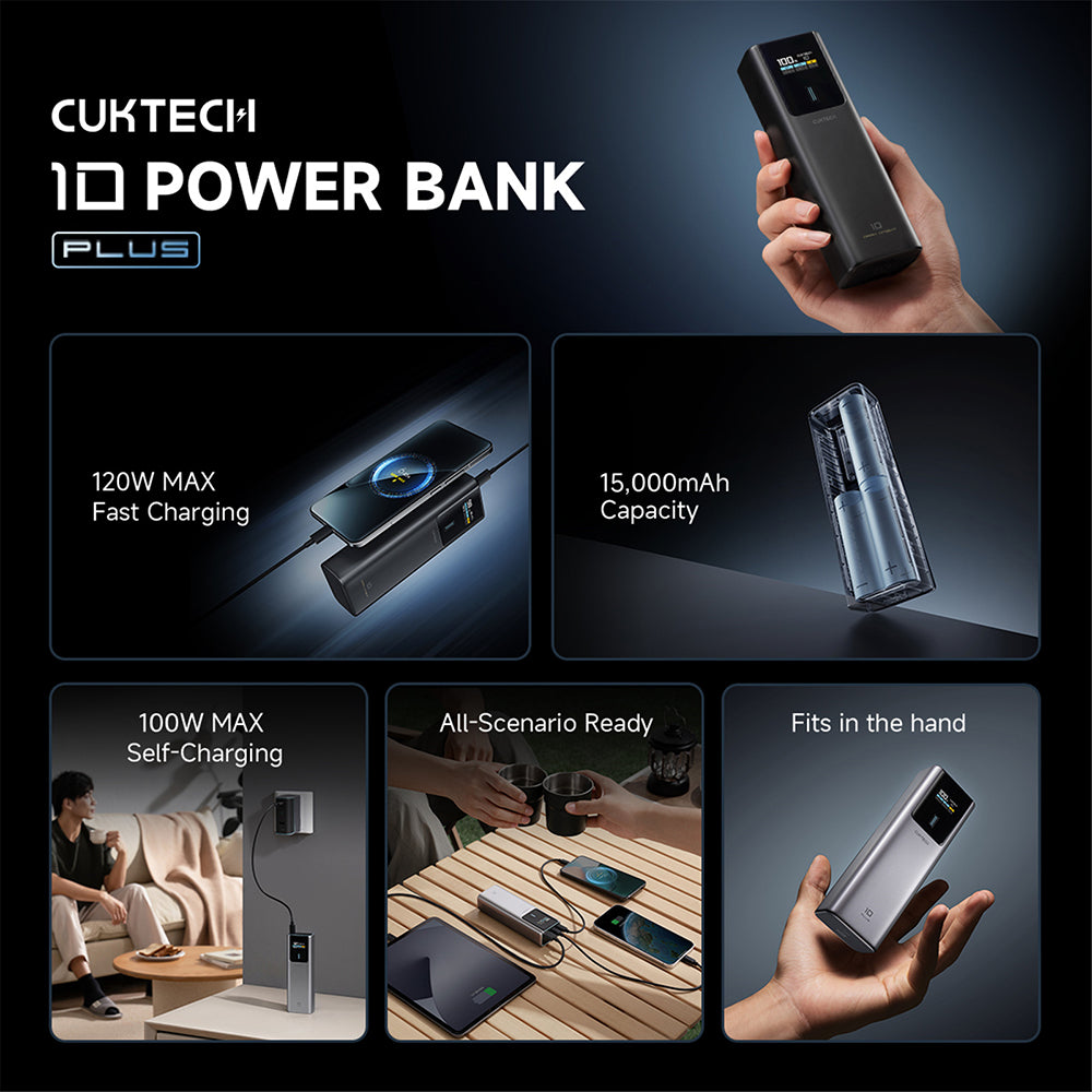 Batería Externa Cuktech PB150P, 15000mAh, 120W, QC + PD, 1 x USB-A - 2 x USB-C, Gris CKPB150POSGR