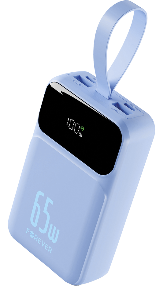 Batería Externa Forever Vibe-TB65, 20000mAh, 65W, QC + PD, 2 x USB-A - 2 x USB-C, Azul