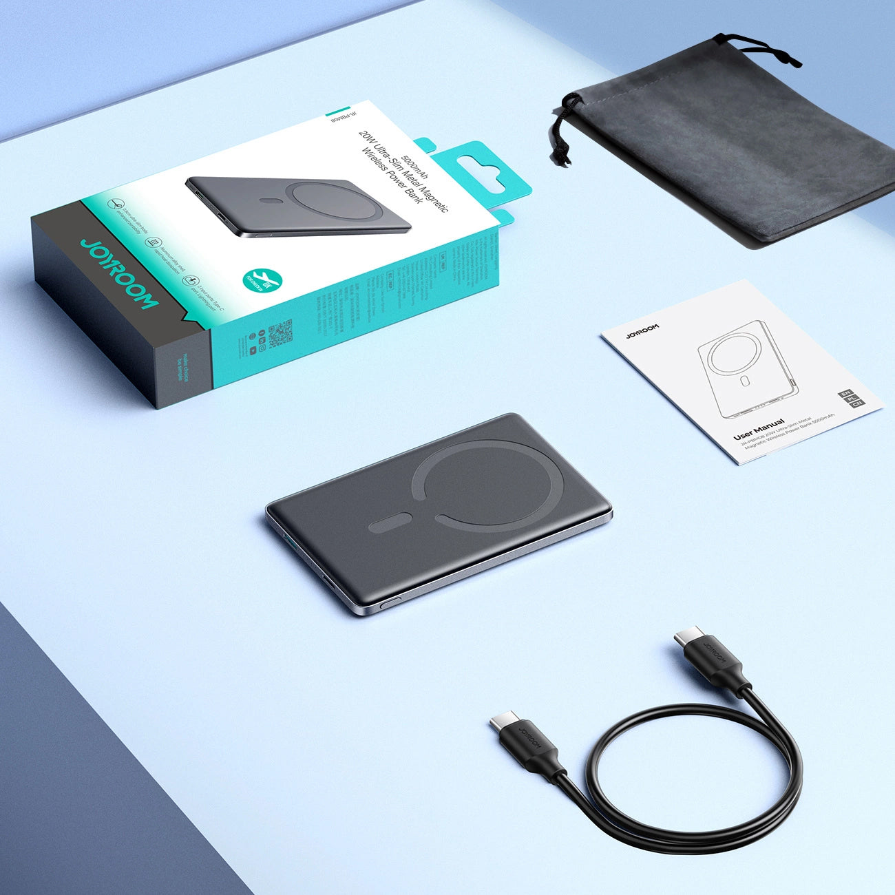 Batería Externa Inalámbrica Joyroom JR-PBM08, 5000mAh, 20W, PD + FQI, 1 x QI - 1 x USB-C, Gris