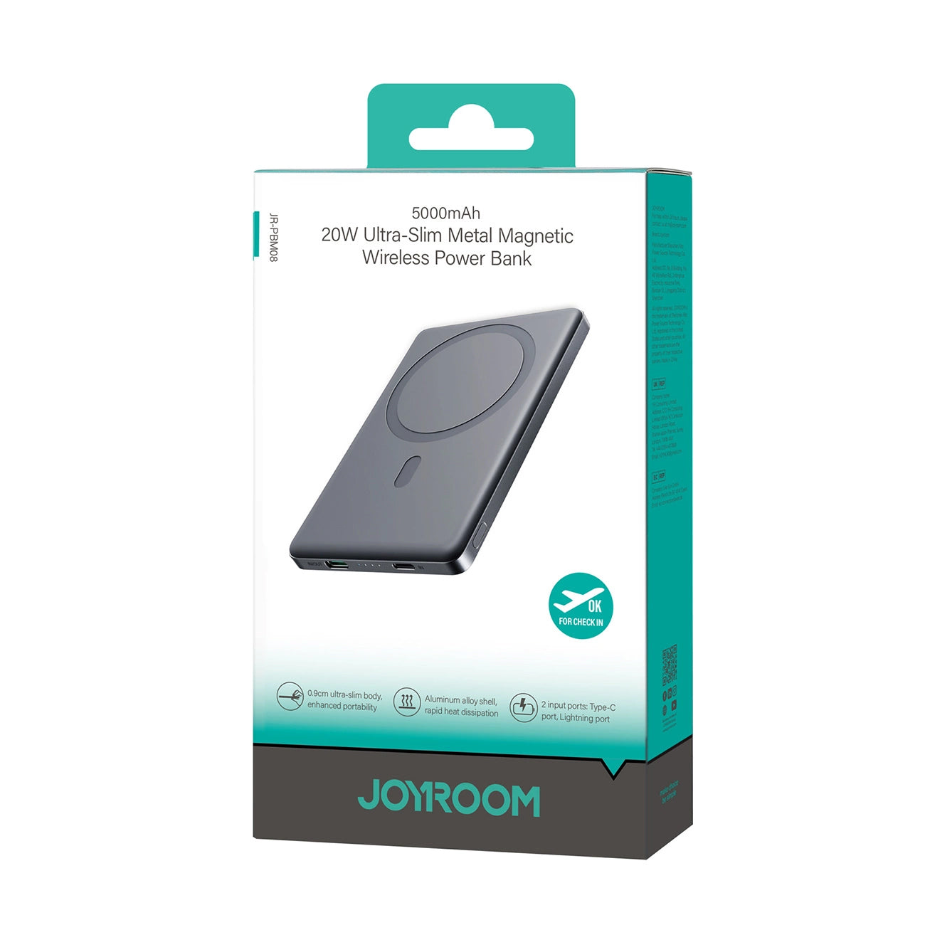 Batería Externa Inalámbrica Joyroom JR-PBM08, 5000mAh, 20W, PD + FQI, 1 x QI - 1 x USB-C, Gris