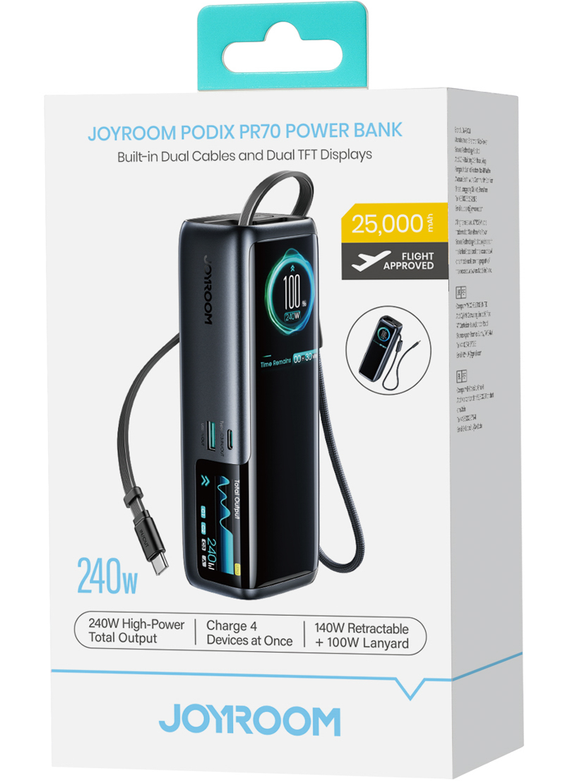 Batería externa Joyroom PODIX PR70, 25000 mAh, 240 W, QC + PD, 1 x USB-A - 3 x USB-C, negra