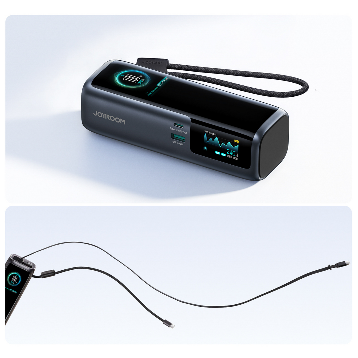 Batería externa Joyroom PODIX PR70, 25000 mAh, 240 W, QC + PD, 1 x USB-A - 3 x USB-C, negra