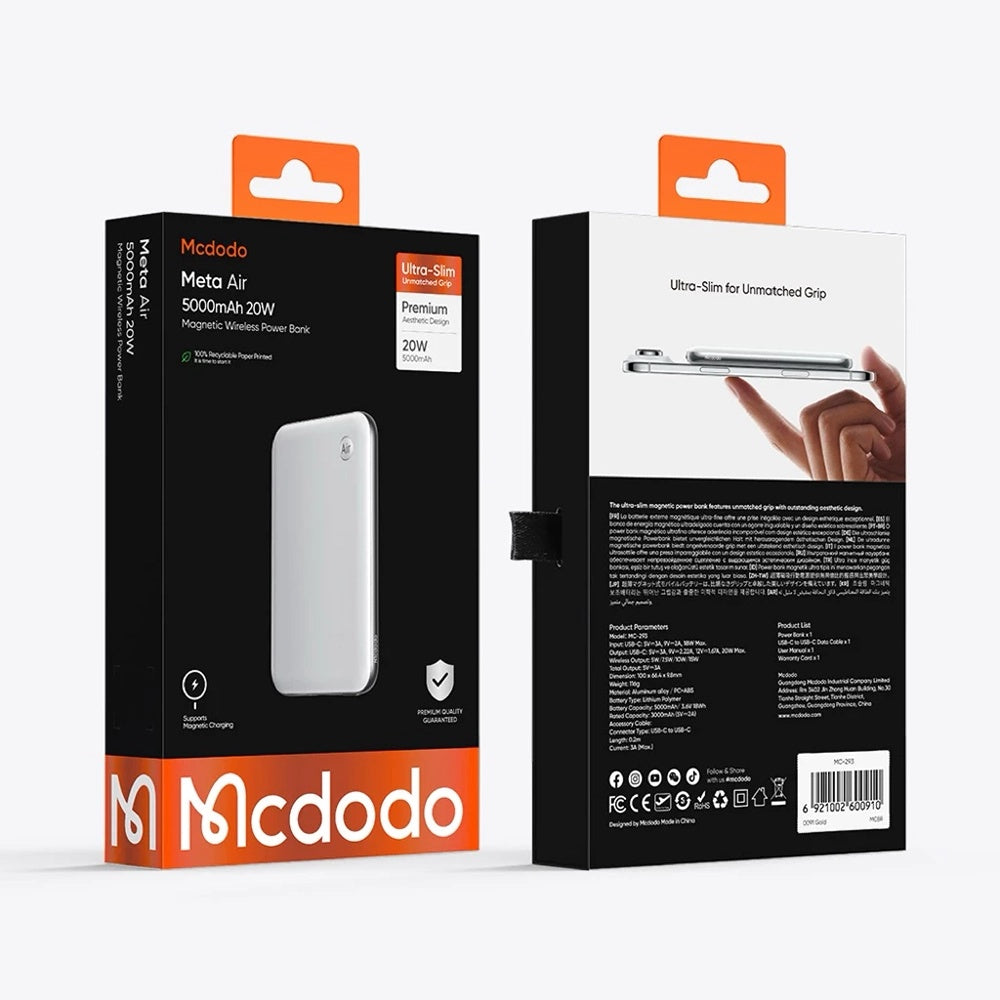 Batería Externa Inalámbrica McDodo MC-2931 Meta Air, 5000mAh, 20W, PD + FQI, 1 x QI - 1 x USB-C, Negra
