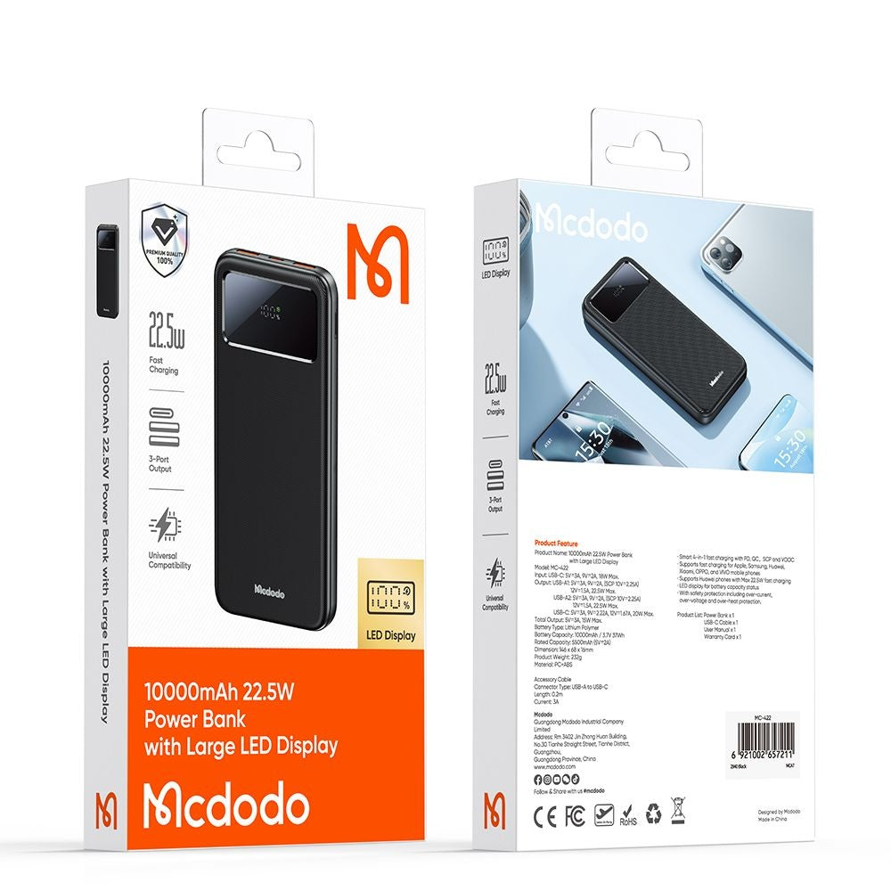 Batería Externa McDodo MC-4220, 10000mAh, 22.5W, QC + PD, 2 x USB-A - 1 x USB-C, Negra.