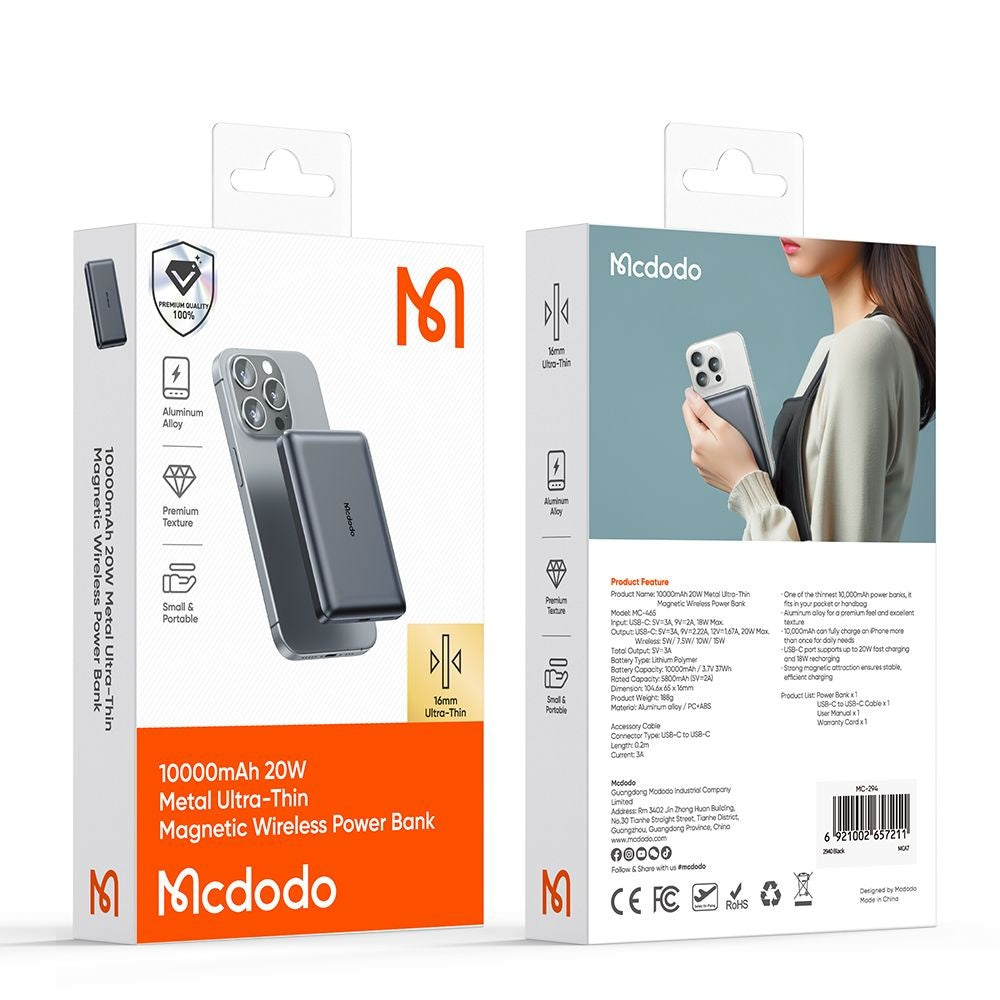 Batería Externa Inalámbrica McDodo MC-4651 Meta, 10000mAh, 20W, PD + FQI, 1 x QI - 1 x USB-C, Negra