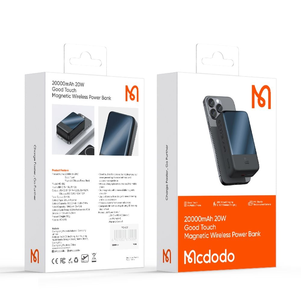 Batería Externa Inalámbrica McDodo MC-5021 Ambilight, 20000mAh, 20W, PD + FQI, 1 x QI - 1 x USB-C, Negra