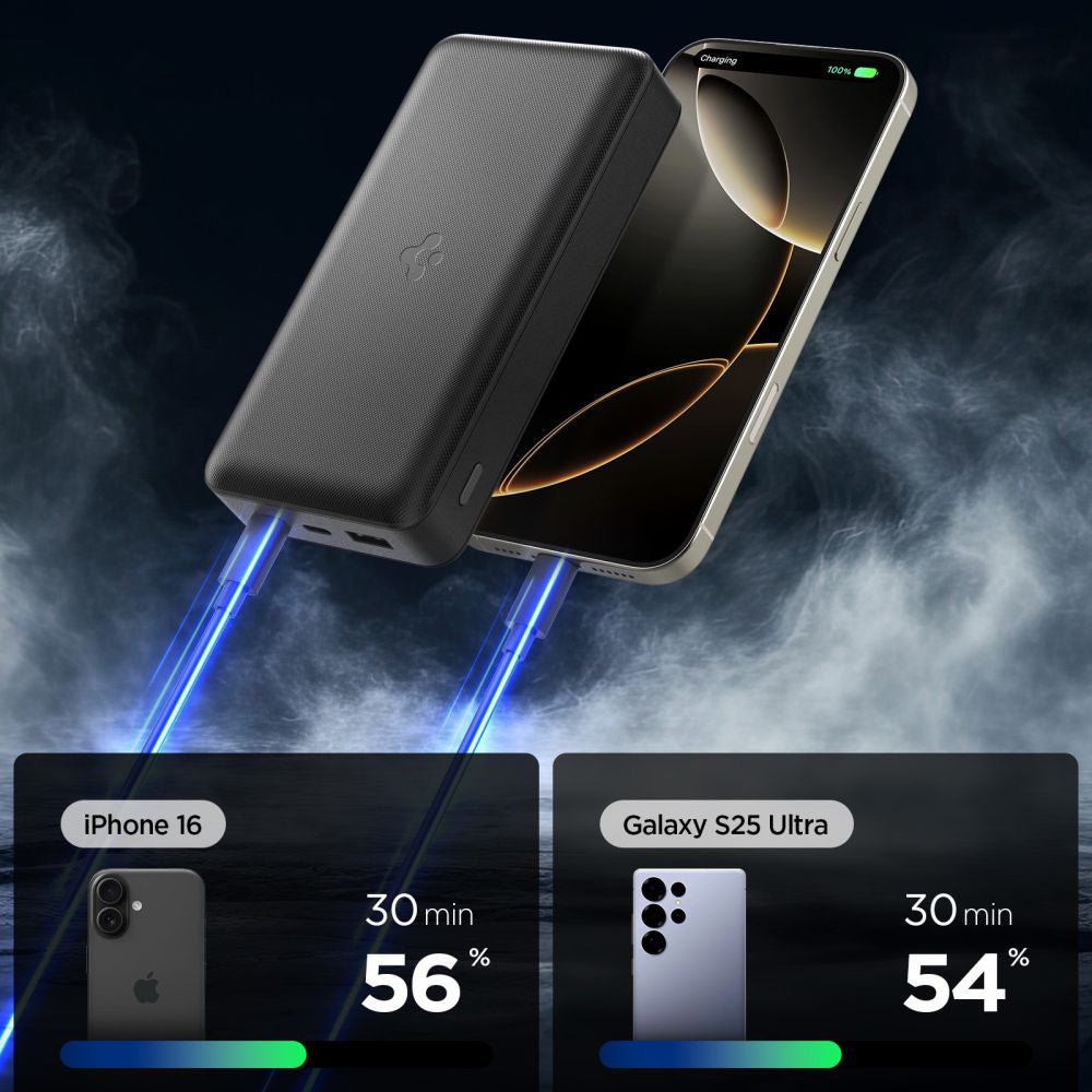 Batería Externa Spigen, 20000mAh, 30W, QC + PD, 1 x USB-A - 2 x USB-C, Negra ABA09433
