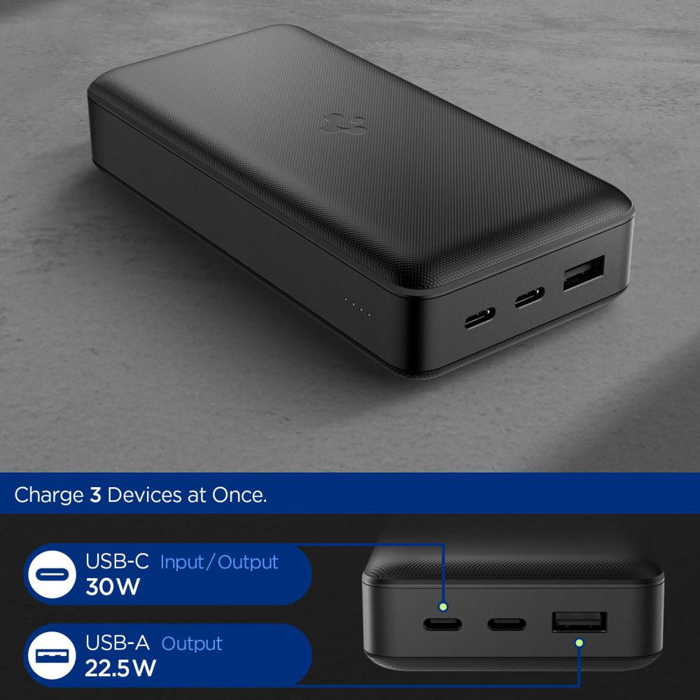 Batería Externa Spigen, 30000mAh, 30W, QC + PD, 1 x USB-A - 2 x USB-C, Negra