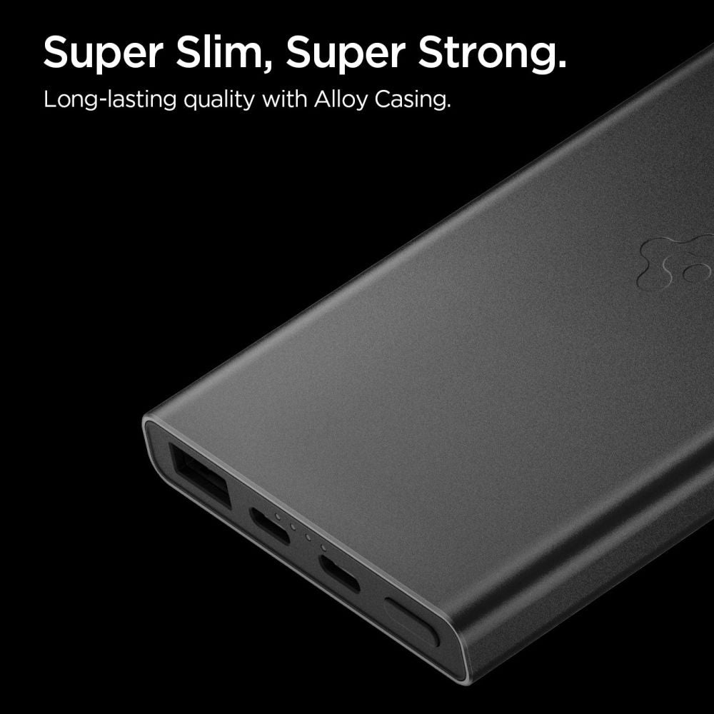 Batería Externa Spigen Essential, 10000mAh, 22.5W, QC + PD, 1 x USB-A - 2 x USB-C, Negra ABA09431