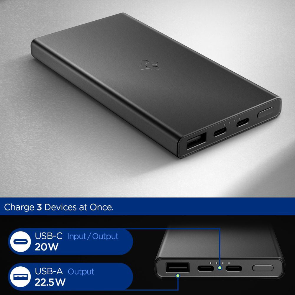 Batería Externa Spigen Essential, 10000mAh, 22.5W, QC + PD, 1 x USB-A - 2 x USB-C, Negra ABA09431
